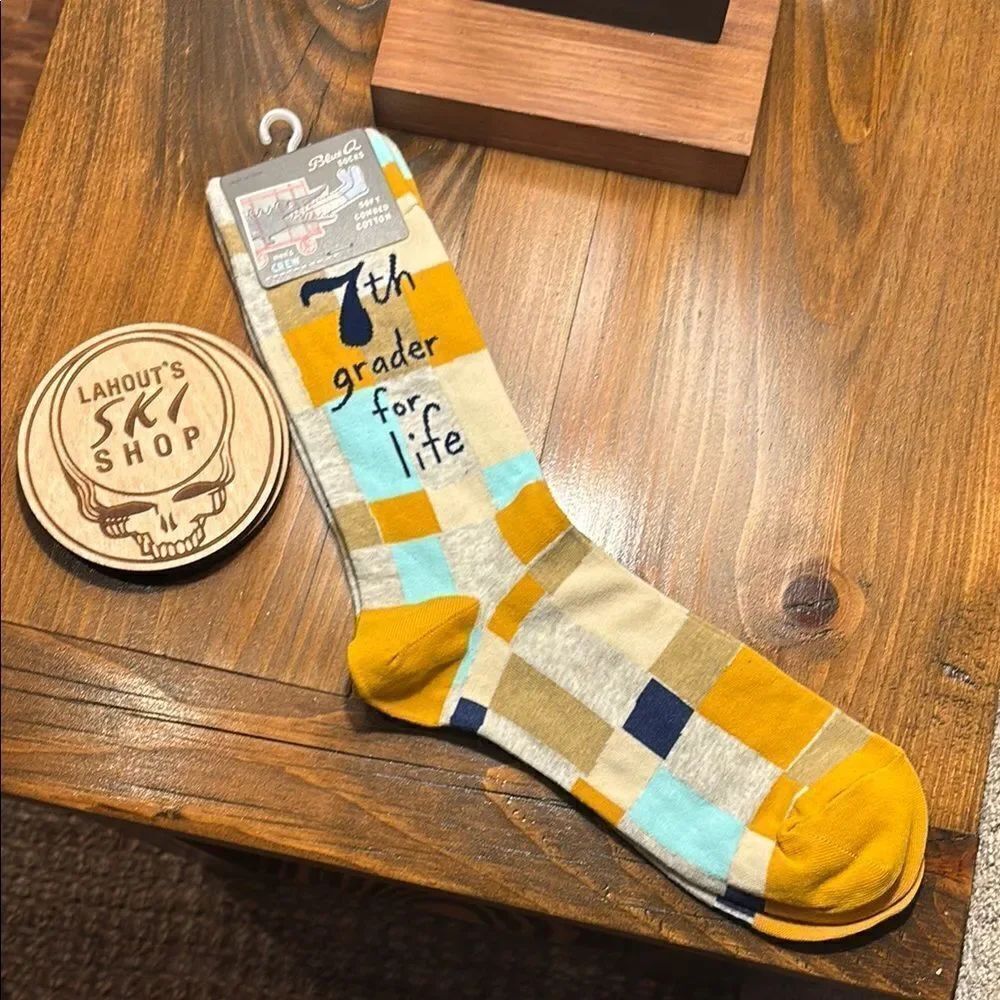 Blue Q Yellow and Blue Casual Socks Vibrant Design “7th Grader for Life”